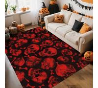 ZLXMN Red and Black Skull Area Rug 160x200cm Gothic Skeleton Bones Red Carpet, Spooky Halloween Room Decor Floor Mat for Living Room Bedroom Fade-Resistant Easy Clean Rug