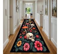 ZLXMN Skull Mushroom Hallway Rug,60x300cm,Outdoor Plant Jungle Insects Flowers Long Kitchen Rug,Retro Low Pile Non Slip Door Mats Indoor Carpet Runners for Bedroom Bedside