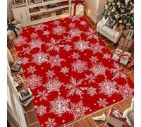 ZLXMN Snowflake Red Area Rug 160x200cm,Christmas Bedroom Rug,White Snowflakes Washable Kitchen Mat,Xmas Decor Extra Large Living Room Carpet for Indoor Accent Non Slip Pad