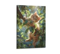 ZlXXYZ Living Room Art Wall Canvas Posters-Animal Poster Orange Cat Play Tree Decorative Painting 16x24inch(40x60cm) Frame-style