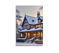 ZlXXYZ Living Room Art Wall Canvas Posters-Architecture Art Snowy Tudor House Warm Lights Winter Decorative Painting 16x24inch(40x60cm) Unframe-style