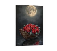 ZlXXYZ Living Room Art Wall Canvas Posters-Character Poster A Flower Boat Under The Moon Telling Poetry Through Quiet Beauty Decorative Art 12x18inch(30x45cm) Frame-style