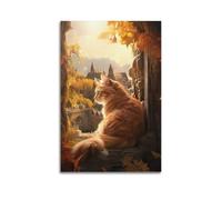 ZlXXYZ Modern Family Art Wall Canvas Posters-Animal Poster Cat by Autumn Window Enhances Cozy Decor Charm Painting 16x24inch(40x60cm) Unframe-style