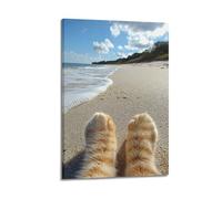 ZlXXYZ Modern Family Art Wall Canvas Posters-Animal Poster Cat Paws Watching Waves On Beach Leisurely And Healing Art Decorative Painting 12x18inch(30x45cm) Frame-style