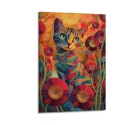 ZlXXYZ Modern Family Art Wall Canvas Posters-Animal Poster Colorful Cat In Flowers Dazzling Art Decorative Painting 08x12inch(20x30cm) Frame-style