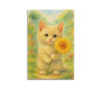 ZlXXYZ Modern Family Art Wall Canvas Posters-Animal Poster Cute Cat Holding Flower Surrounded by Forest Render Healing Beauty Decor Painting 16x24inch(40x60cm) Unframe-style