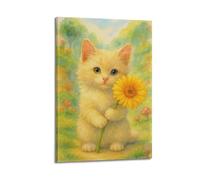 ZlXXYZ Modern Family Art Wall Canvas Posters-Animal Poster Cute Cat Holding Flower Surrounded by Forest Render Healing Beauty Decor Painting 16x24inch(40x60cm) Frame-style