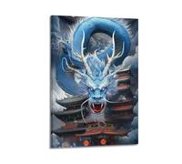 ZlXXYZ Modern Family Art Wall Canvas Posters-Creative Poster Blue Dragon with Ancient Buildings Mythical Art 16x24inch(40x60cm) Frame-style