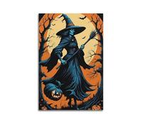 ZlXXYZ Modern Family Art Wall Canvas Posters-Creative Poster Witch with Broom And Pumpkin Halloween Art 20x30inch(50x75cm) Unframe-style