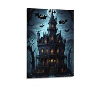 ZlXXYZ Modern Family Art Wall Canvas Posters-Halloween Poster Bats And Castle Under The Moonlight Halloween Decorations 20x30inch(50x75cm) Frame-style