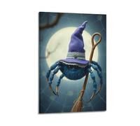 ZlXXYZ Modern Family Art Wall Canvas Posters-Halloween Poster Blue Spider Wearing Witch Hat Riding Broom Cute And Funny Halloween Decorations Are Adorable 12x18inch(30x45cm) Frame-style