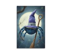 ZlXXYZ Modern Family Art Wall Canvas Posters-Halloween Poster Blue Spider Wearing Witch Hat Riding Broom Cute And Funny Halloween Decorations Are Adorable 20x30inch(50x75cm) Unframe-style