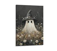 ZlXXYZ Modern Family Art Wall Canvas Posters-Halloween Poster Cute Ghost with Flower - Wreath Witch Hat Halloween Decorations 08x12inch(20x30cm) Frame-style