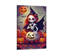 ZlXXYZ Modern Family Art Wall Canvas Posters-Halloween Poster Cute Skeleton Witch on Pumpkin Among Jack - O'- Lanterns, Halloween Decor for A Whimsical Festival Look 16x24inch(40x60cm) Frame-style
