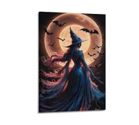 ZlXXYZ Modern Family Art Wall Canvas Posters-Halloween Poster Witch And Bat Halloween Image Fantastic Festival Moment on Moonlit Night 20x30inch(50x75cm) Frame-style