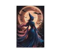 ZlXXYZ Modern Family Art Wall Canvas Posters-Halloween Poster Witch And Bat Halloween Image Fantastic Festival Moment on Moonlit Night 24x36inch(60x90cm) Unframe-style