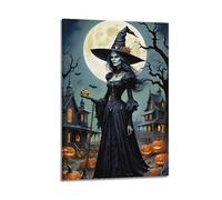 ZlXXYZ Modern Family Art Wall Canvas Posters-Halloween Poster Witch And Pumpkin Halloween Image Magical Festival Moment on Moonlit Night 24x36inch(60x90cm) Frame-style