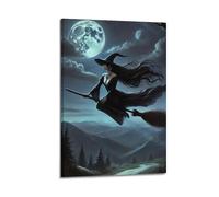 ZlXXYZ Modern Family Art Wall Canvas Posters-Halloween Poster Witch on Broomstick Flying Over Mountains And Forests Under Full Moon Halloween Decorations 08x12inch(20x30cm) Frame-style