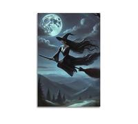 ZlXXYZ Modern Family Art Wall Canvas Posters-Halloween Poster Witch on Broomstick Flying Over Mountains And Forests Under Full Moon Halloween Decorations 16x24inch(40x60cm) Unframe-style
