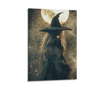 ZlXXYZ Modern Family Art Wall Canvas Posters-Halloween Poster Witch on Moonlit Night Halloween Image Mysterious And Magical Festival Atmosphere 20x30inch(50x75cm) Frame-style