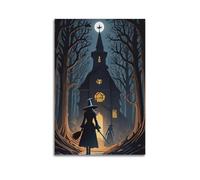 ZlXXYZ Modern Family Art Wall Canvas Posters-Halloween Poster Witch Walking to Glowing Castle in Dark Forest Halloween Decorations 24x36inch(60x90cm) Unframe-style