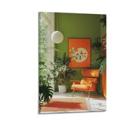 ZlXXYZ Modern Family Art Wall Canvas Posters-Indoor Poster Green Wall And Orange Chair With Plants Fresh And Fashionable Enhance Home Style Decorative Painting 24x36inch(60x90cm) Frame-style