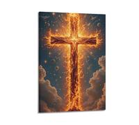 ZlXXYZ Modern Family Art Wall Canvas Posters-Religious Poster Cross on Fire with Stars And Doves Celestial Art 24x36inch(60x90cm) Frame-style