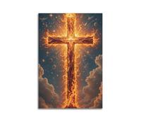 ZlXXYZ Modern Family Art Wall Canvas Posters-Religious Poster Cross on Fire with Stars And Doves Celestial Art 20x30inch(50x75cm) Unframe-style