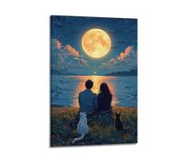 ZlXXYZ Modern Family Art Wall Canvas Posters-Scene Poster Couple And Cats By Moonlit Lake Bringing Romantic Vibe Decorative Painting 12x18inch(30x45cm) Frame-style