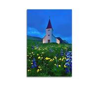 ZlXXYZ Modern Family Art Wall Canvas Posters-Travel Poster Church in Flower Field Promotes Serene Travel Vibes Painting 08x12inch(20x30cm) Unframe-style