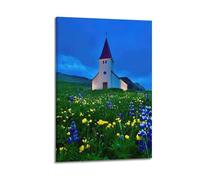 ZlXXYZ Modern Family Art Wall Canvas Posters-Travel Poster Church in Flower Field Promotes Serene Travel Vibes Painting 16x24inch(40x60cm) Frame-style