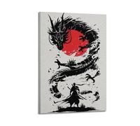 ZlXXYZ Wall Art for Modern Family Office Decor Canvas Posters - Art Red-White-Black Samurai Black Dragon Silhouette Illustration 16x24inch(40x60cm) Frame-style