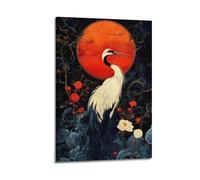 ZlXXYZ Wall Art for Modern Family Office Decor Canvas Posters - Culture Chinese Trend Decor Style Red Moon Crane And Flowers 24x36inch(60x90cm) Frame-style