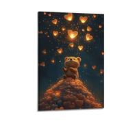 ZlXXYZ Wall Art for Modern Family Office Decor Canvas Posters - Fantasy Poster Bear Amid Heart - Shaped Lanterns Brings Warm Whimsy Art Decor 16x24inch(40x60cm) Frame-style