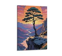ZlXXYZ Wall Art for Modern Family Office Decor Canvas Posters - Landscape Anime Style Cliff Pine Sunset 12x18inch(30x45cm) Frame-style