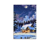 ZlXXYZ Wall Art for Modern Family Office Decor Canvas Posters - Landscape Anime Style Snowy Night Cabin Scene 16x24inch(40x60cm) Unframe-style