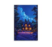 ZlXXYZ Wall Art for Modern Family Office Decor Canvas Posters - Landscape Anime Style Starry Night Forest Cabin 20x30inch(50x75cm) Unframe-style