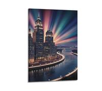 ZlXXYZ Wall Art for Modern Family Office Decor Canvas Posters - Landscape Aurora City Night Scene 24x36inch(60x90cm) Frame-style