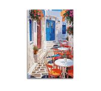 ZlXXYZ Wall Art for Modern Family Office Decor Canvas Posters - Landscape Bohemian-style Greek Alley With Blue Door And Red Flowers 16x24inch(40x60cm) Unframe-style