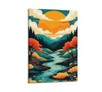 ZlXXYZ Wall Art for Modern Family Office Decor Canvas Posters - Landscape Illustration-style Autumn Mountain River Scene 16x24inch(40x60cm) Frame-style