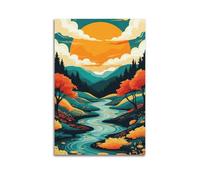 ZlXXYZ Wall Art for Modern Family Office Decor Canvas Posters - Landscape Illustration-style Autumn Mountain River Scene 08x12inch(20x30cm) Unframe-style