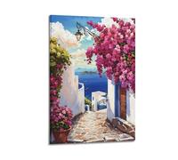 ZlXXYZ Wall Art for Modern Family Office Decor Canvas Posters - Landscape Realistic Fresh Mediterranean Flower Alley Seaview Illustration 20x30inch(50x75cm) Frame-style
