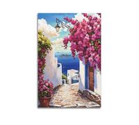 ZlXXYZ Wall Art for Modern Family Office Decor Canvas Posters - Landscape Realistic Fresh Mediterranean Flower Alley Seaview Illustration 08x12inch(20x30cm) Unframe-style