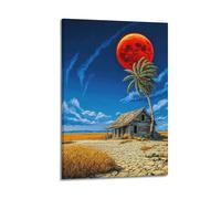 ZlXXYZ Wall Art for Modern Family Office Decor Canvas Posters - Landscape Red Moon Desert Hut with Palm Tree 08x12inch(20x30cm) Frame-style