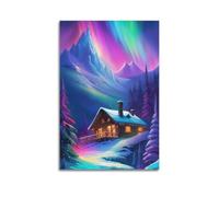 ZlXXYZ Wall Art for Modern Family Office Decor Canvas Posters - Landscape Snowy Mountain Cabin Under Aurora 24x36inch(60x90cm) Unframe-style