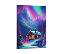 ZlXXYZ Wall Art for Modern Family Office Decor Canvas Posters - Landscape Snowy Mountain Cabin Under Aurora 24x36inch(60x90cm) Frame-style