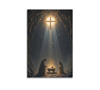 ZlXXYZ Wall Art for Modern Family Office Decor Canvas Posters - Religious Poster Nativity Scene in Cave with Cross Shining Holy Light 20x30inch(50x75cm) Unframe-style