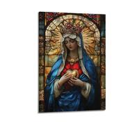 ZlXXYZ Wall Art for Modern Family Office Decor Canvas Posters - Religious Poster The Dignified Radiance of The Virgin's Sacred Heart in Stained Glass Window 08x12inch(20x30cm) Frame-style