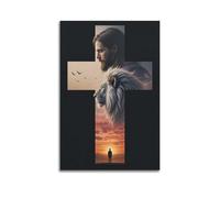 ZlXXYZ Wall Art for Modern Family Office Decor Canvas Posters - Religious Poster Thoughts of Jesus And The White Lion in The Cross 20x30inch(50x75cm) Unframe-style