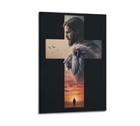 ZlXXYZ Wall Art for Modern Family Office Decor Canvas Posters - Religious Poster Thoughts of Jesus And The White Lion in The Cross 08x12inch(20x30cm) Frame-style